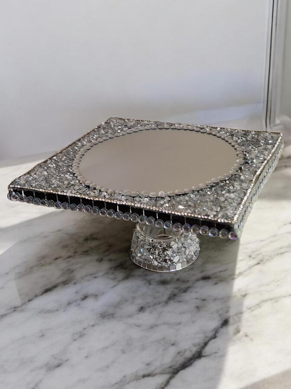 Mirrored Crystal Square Candle Stand - Silver Sparkle